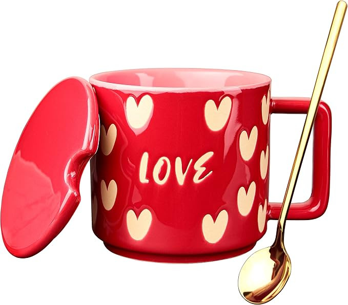 Coffee Mugs for Women, 15 OZ Coffee Cup with Lid & Spoon, Tea Cup for Office and Home, Birthday G... | Amazon (US)