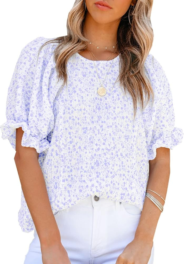 Dokotoo Floral Print Blouses for Women Crewneck Smocked Puff Sleeve Shirts Casual Babydoll Tops | Amazon (US)
