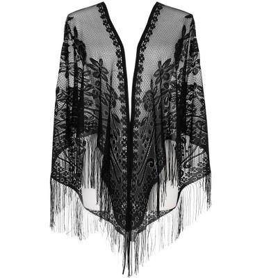 INSPIRE CHIC Women's Lace Mesh Fringe Triangle Shawls Scarves 1Pc Black 190x72cm/74.8x28.3" | Target