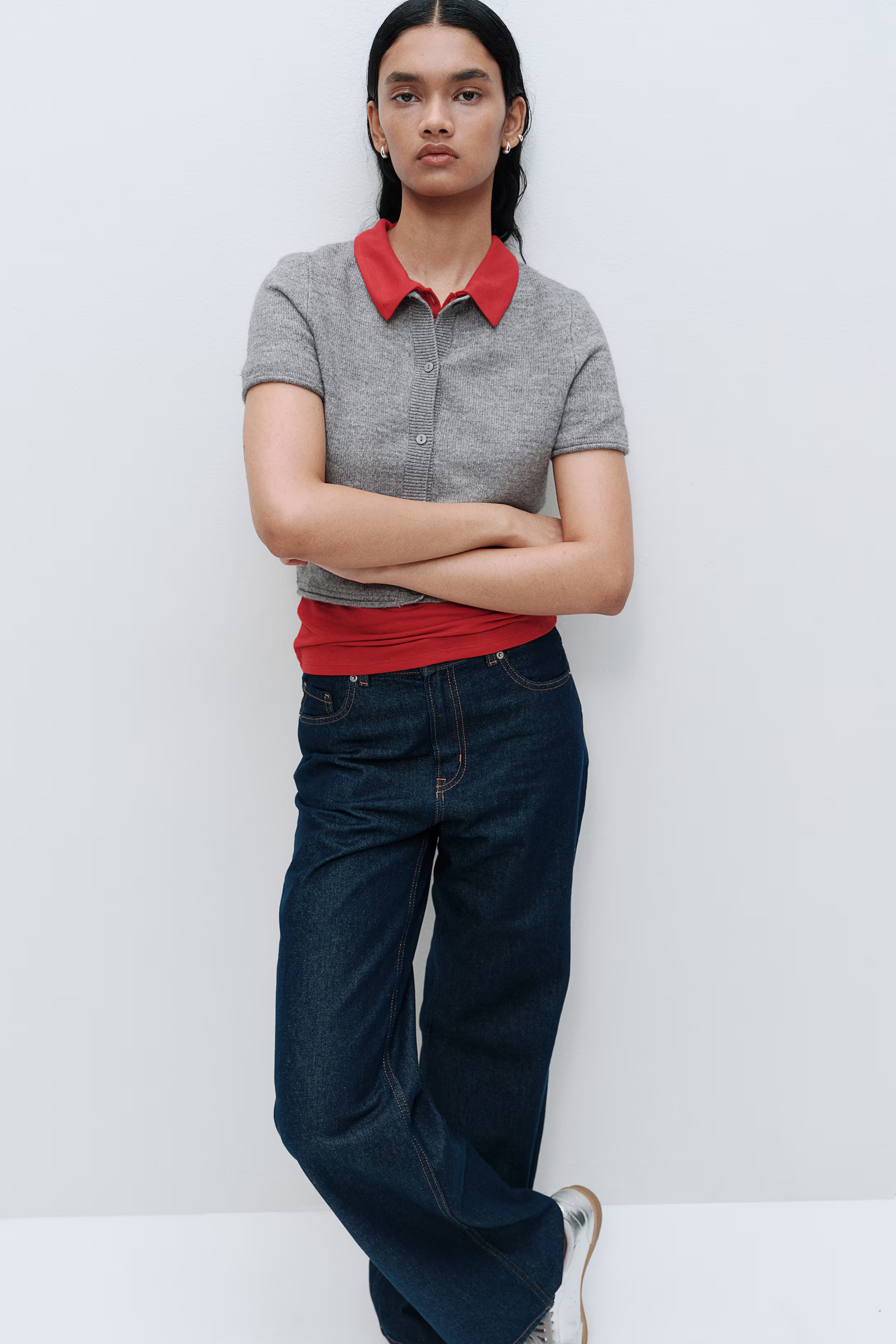 Short-sleeved fine-knit cardigan - Round neck - Short sleeve - Grey marl - Ladies | H&M GB | H&M (UK, MY, IN, SG, PH, TW, HK)