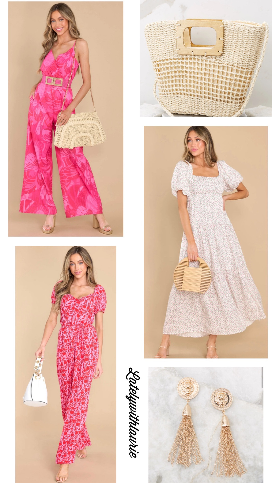 New Arrivals at Red Dress! Floral ivory maxi dress, floral pink jumpsuit, ivory rattan bag, gold earrings, heels. All perfect for a vacation outfit, spring outfit, girls weekend outfit, resort outfit, spring break outfit and more 

#LTKfamily #LTKswim #LTKwedding