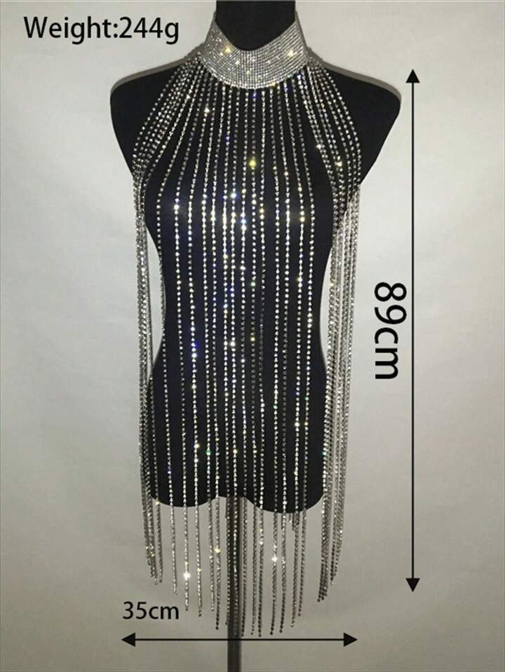 1pc Fashionable Long Tassel Bralette Chain Necklace, Sexy Rhinestone Body Jewelry, Suitable For N... | SHEIN