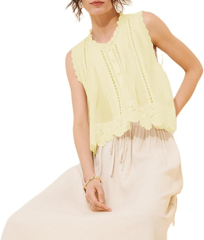 Women Sleeveless Eyelet Top Vintage Lace Patchwork Detail Button Down Vest Top Scallop Hem Beach ... | Amazon (US)