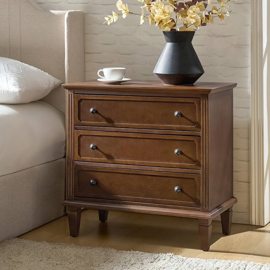 HULALA HOME 3 Drawer Nightstand with Charging Station, Wooden Drawer Organizer with Wood Legs, Mi... | Amazon (US)