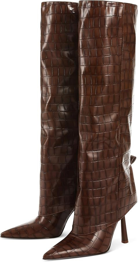 Oiamenne Knee High Boots Women's Fold Over Boots Pointed Toe Stiletto Heel Tall Boots Slip On Sex... | Amazon (US)