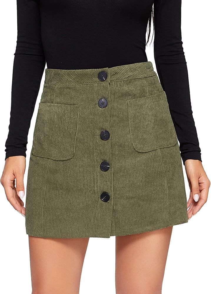 WDIRARA Women's Mid Waist Corduroy A-line Slim fit Button Casual Mini Skirt | Amazon (US)