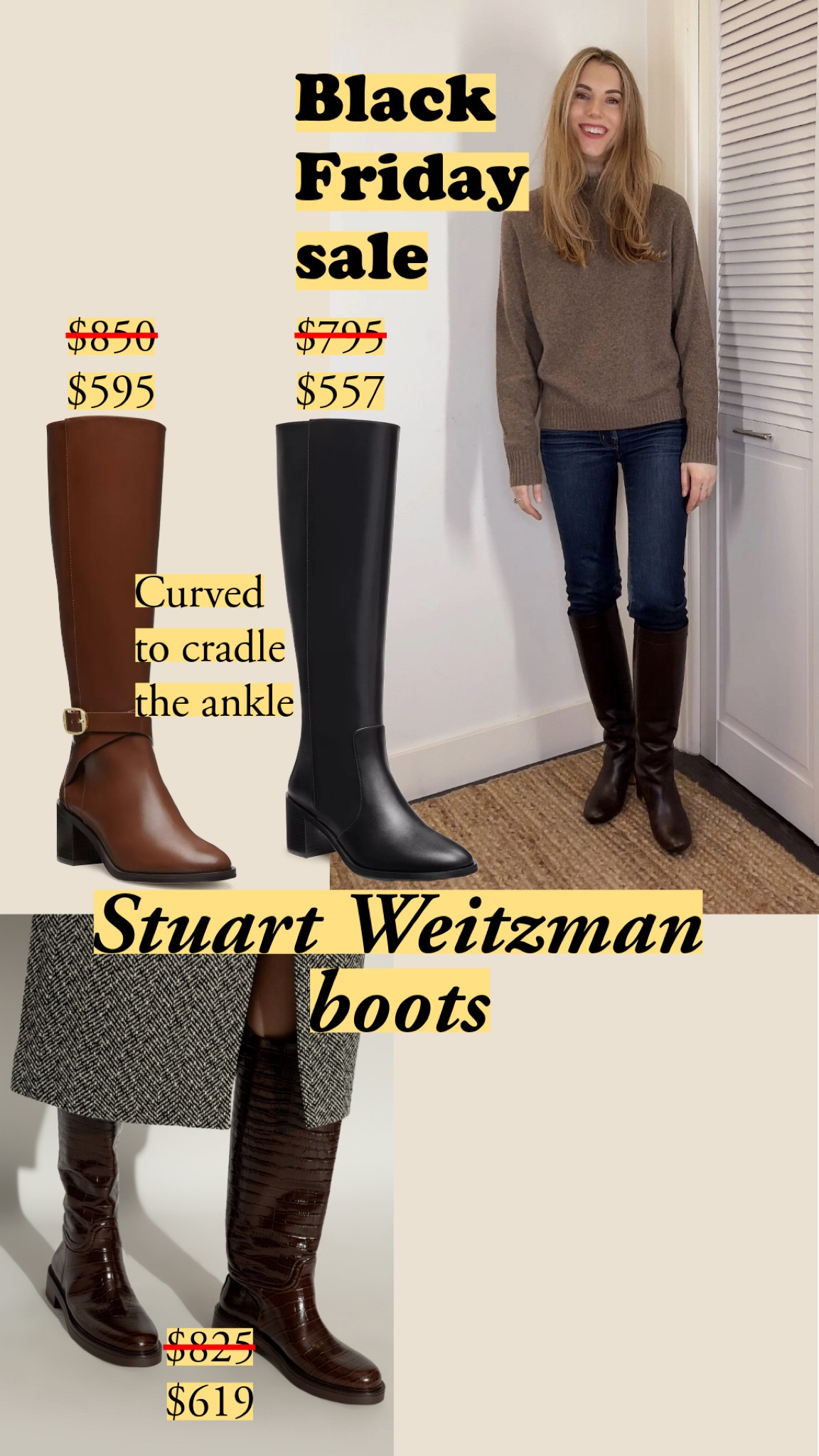 My boots are from Celine - I mean Céline with an accent because those were the Phoebe Philo days. I got them all these fashion cycles ago, and they look fresh today. 

Stuart Weitzman is among the best for classic styles now that fashion’s so exaggerated in terms of style and price. 

I’m wearing the Quince yak turtleneck in heather brown, size small, and old jeans from J Brand  

#boots #classicstyle #ridingboots

#LTKHoliday #LTKCyberWeek #LTKShoeCrush