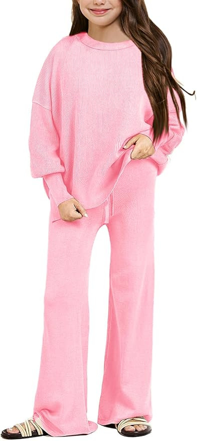 Haloumoning Girls 2 Piece Outfits Kids Long Sleeve Crewneck Sweater Drawstring Wide Leg Long Pant... | Amazon (US)