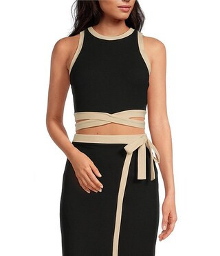 Dena Ribbed Knit Crew Neck Sleeveless Tie Waist Coordinating Cropped Top | Dillard's