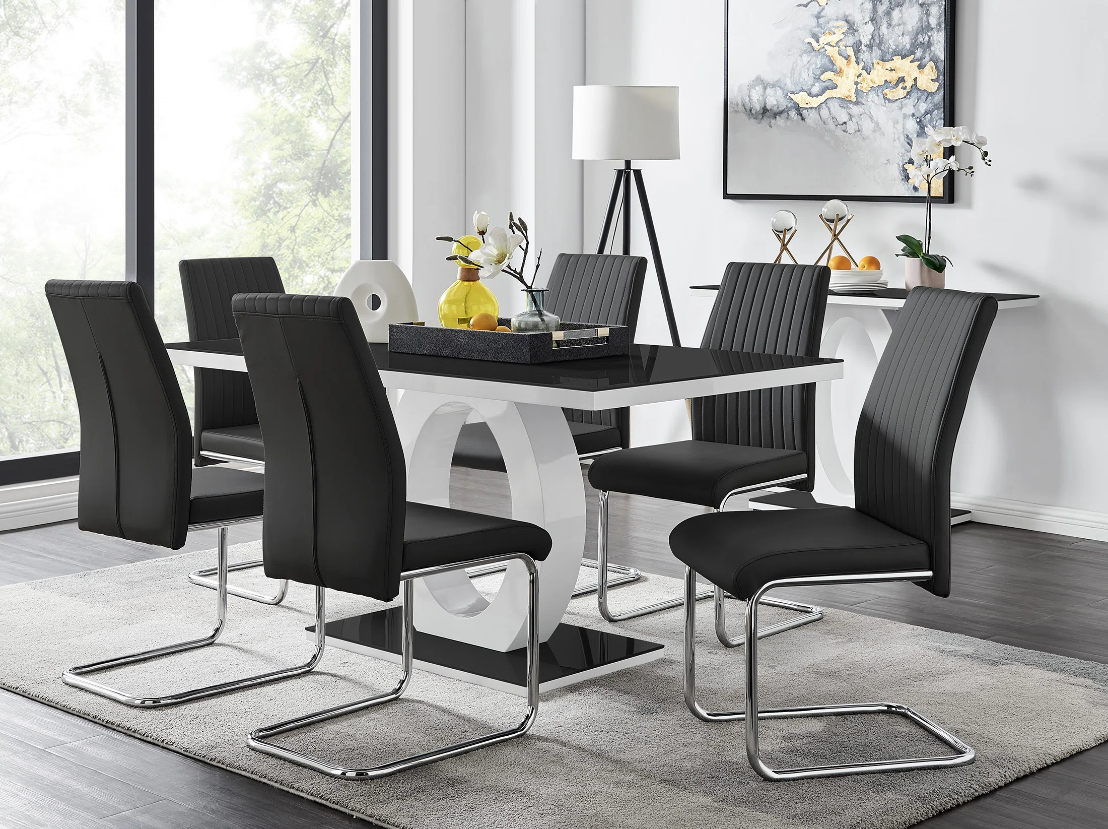 Scottsmoor Modern High Gloss Halo 6 Seater Dining Table Set with Luxury Faux Leather Dining Chair... | Wayfair North America