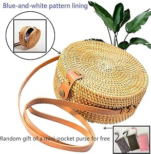 Handwoven Round Rattan Straw Bag for Women Shoulder Leather Button Straps Natural Chic Handmade B... | Amazon (US)