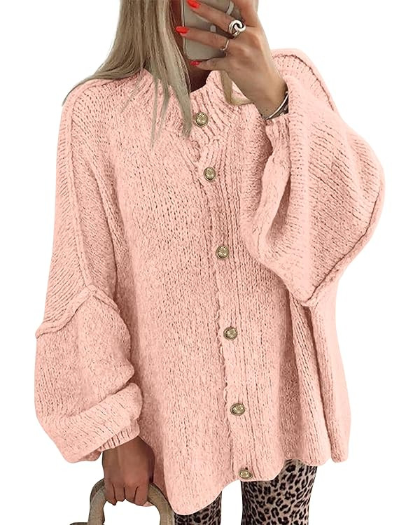 BTFBM Cardigan Sweaters for Women 2026 Fall Clothes Lantern Long Sleeve Button Open Front Chunky ... | Amazon (US)