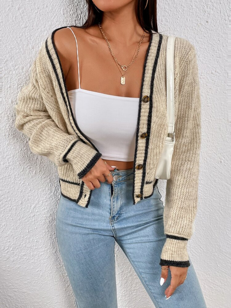 Striped Trim Button Front Cardigan | SHEIN