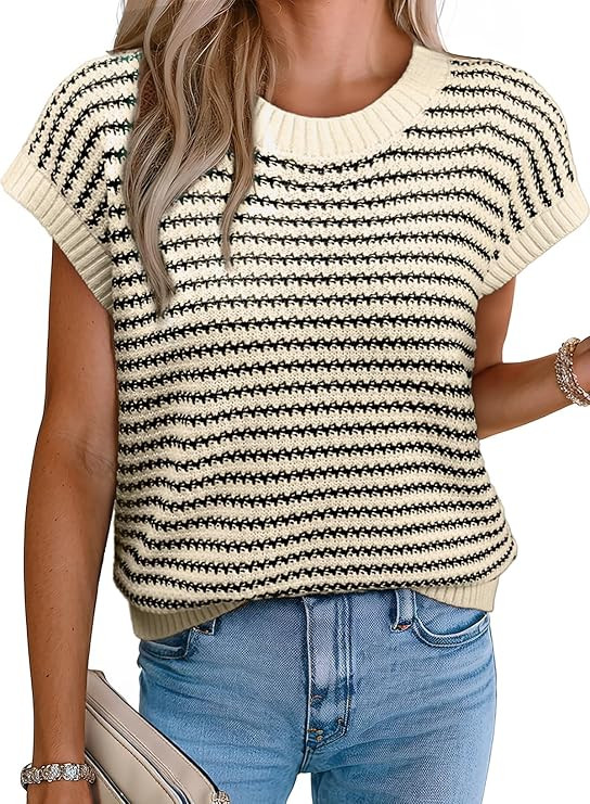 EVALESS Women's Striped Cap Sleeve Sweater Vest Round Neck Tank Top | Dressy Sleeveless Pullovers... | Amazon (US)