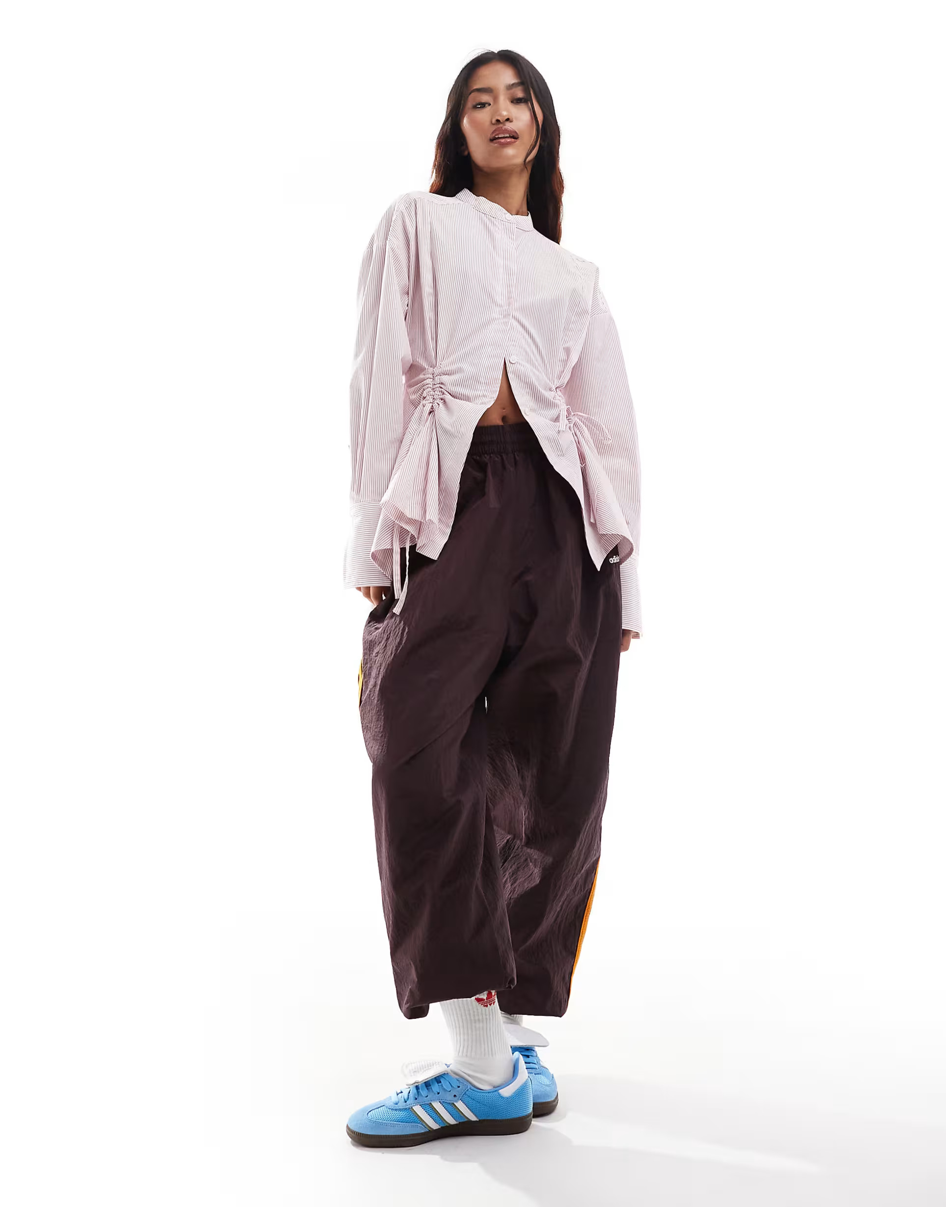 ASOS DESIGN ruched front open back shirt in red & white stripe | ASOS | ASOS (Global)