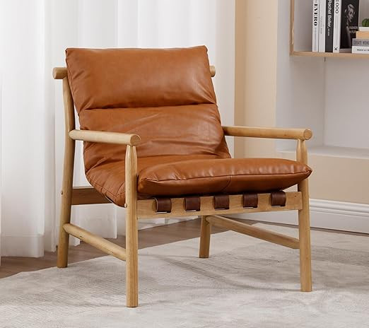 Mid Century Modern Sling Accent Chair, Faux Leather Living Room Chair with Solid Wood Frame, Comf... | Amazon (US)