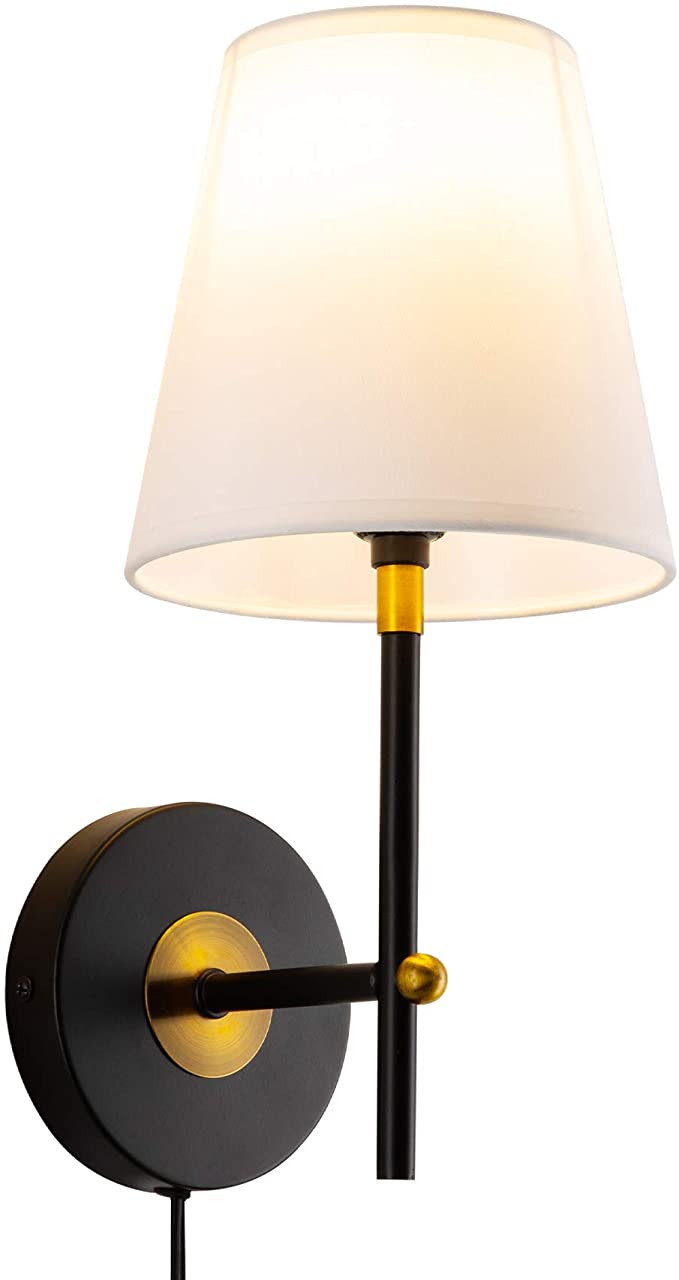 VONLUCE 1-Light Wall Sconce Plug in Cord with White Fabric Shade, Wall Mount Vanity Lamp in Matte... | Amazon (US)