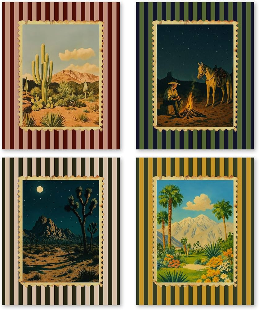 FUQWZ Vintage Western Wall Art Set of 4 (8x10in, Unframed) - Boho Southwestern Desert Cactus Palm... | Amazon (US)