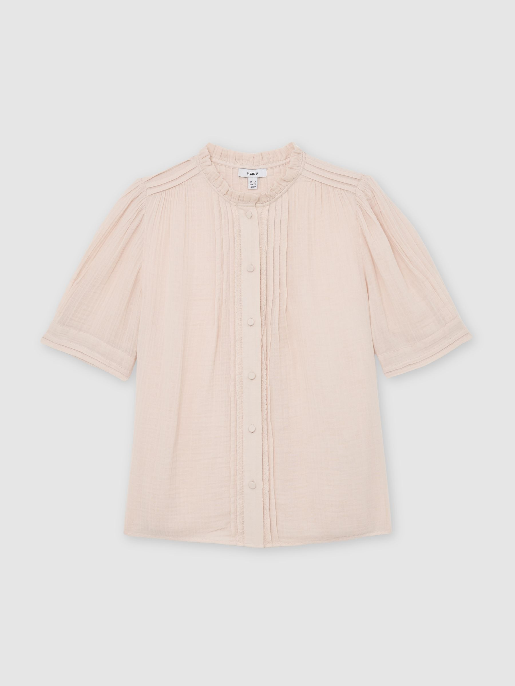 Reiss Cotton Cheesecloth Frill-Neck Top in Pale Pink | REISS | Reiss US