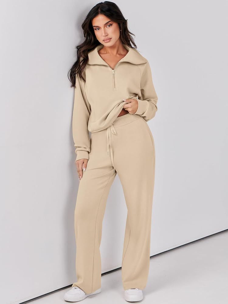 Prinbara Women 2 Piece Outfits Sweatsuit Set 2023 Fall Oversized Half Zip Sweatshirt Wide Leg Swe... | Amazon (US)