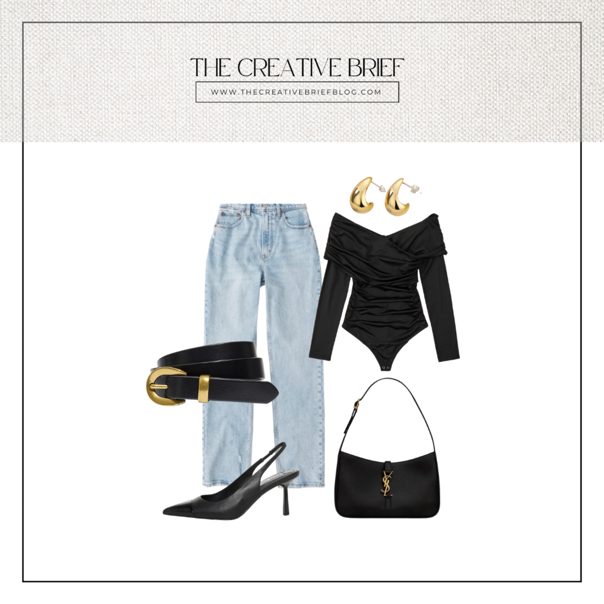 Concert outfit, date night outfit, YSL hobo bag, gold jewelry, black classic belt, Abercrombie denim, slingback heels, off the shoulder bodysuit 

#LTKstyletip #LTKunder100 #LTKshoecrush