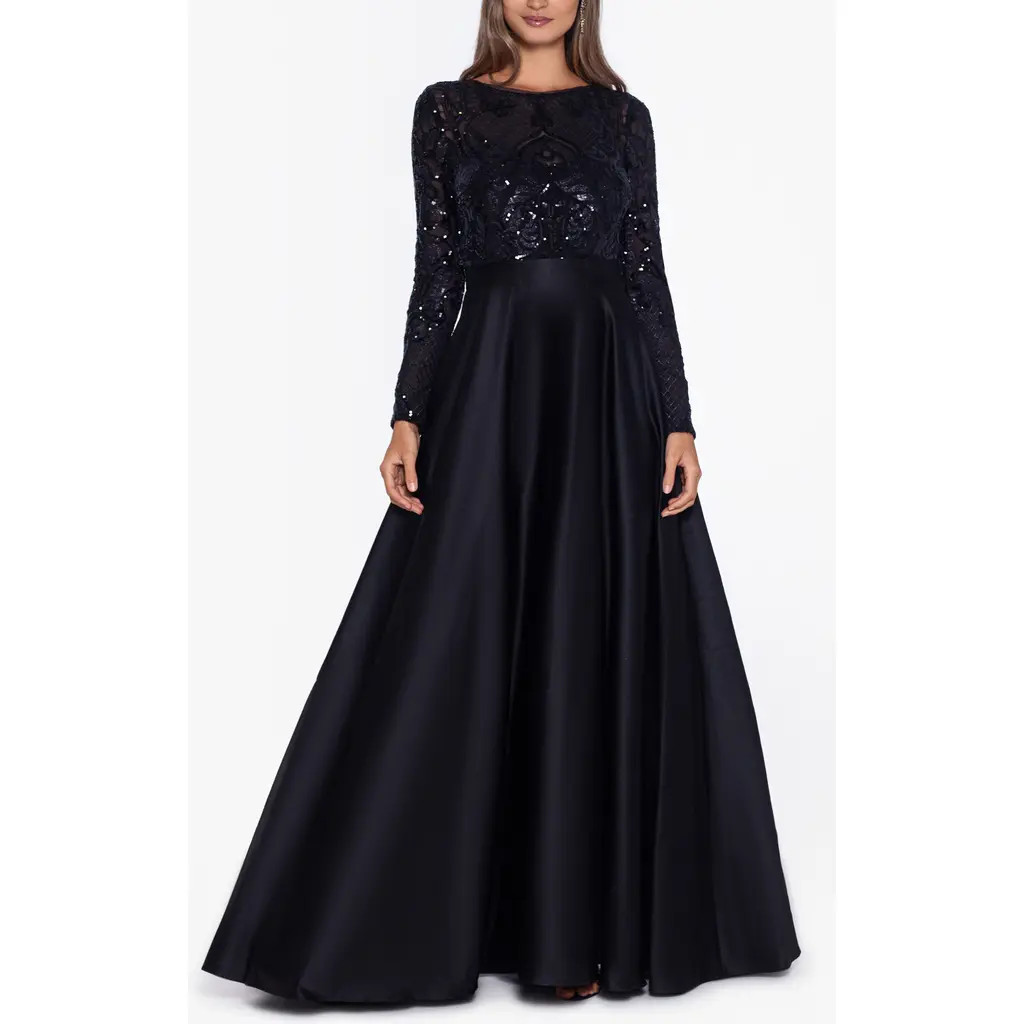 Betsy & Adam Sequin Long Sleeve Ballgown in Black/Black at Nordstrom Rack, Size 6 | Nordstrom Rack