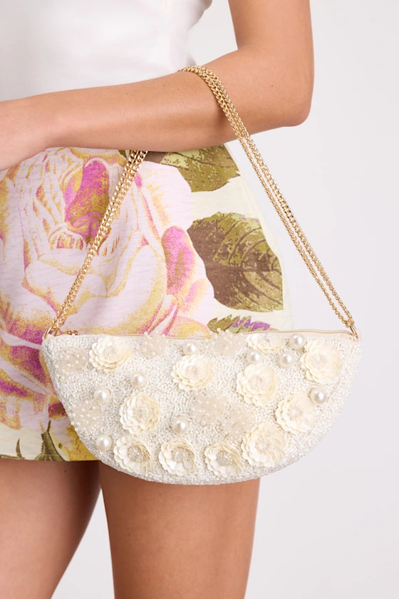 Eira White Beaded Pearl Floral Shoulder Bag | Lulus