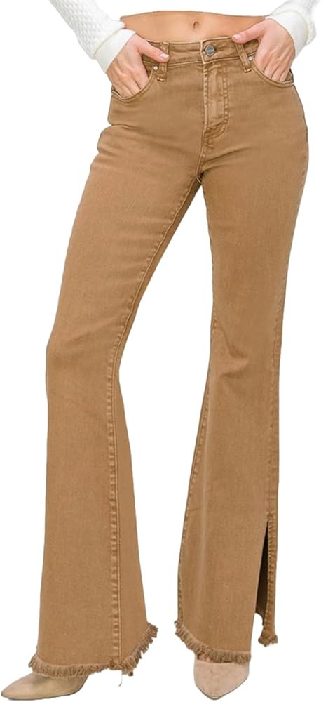 Risen Bailey Women's High Waist Side Slit Flare Jeans (US, Alpha, X-Large, Regular, Regular, Brow... | Amazon (US)