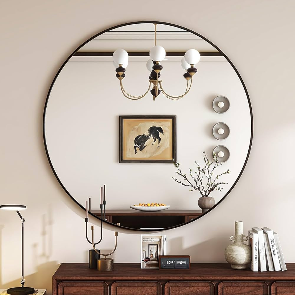 Black Round Mirror, 24 Inch Bathroom Mirror with Metal Frame, Wall Wall-Mounted for Entryway, Bat... | Amazon (US)