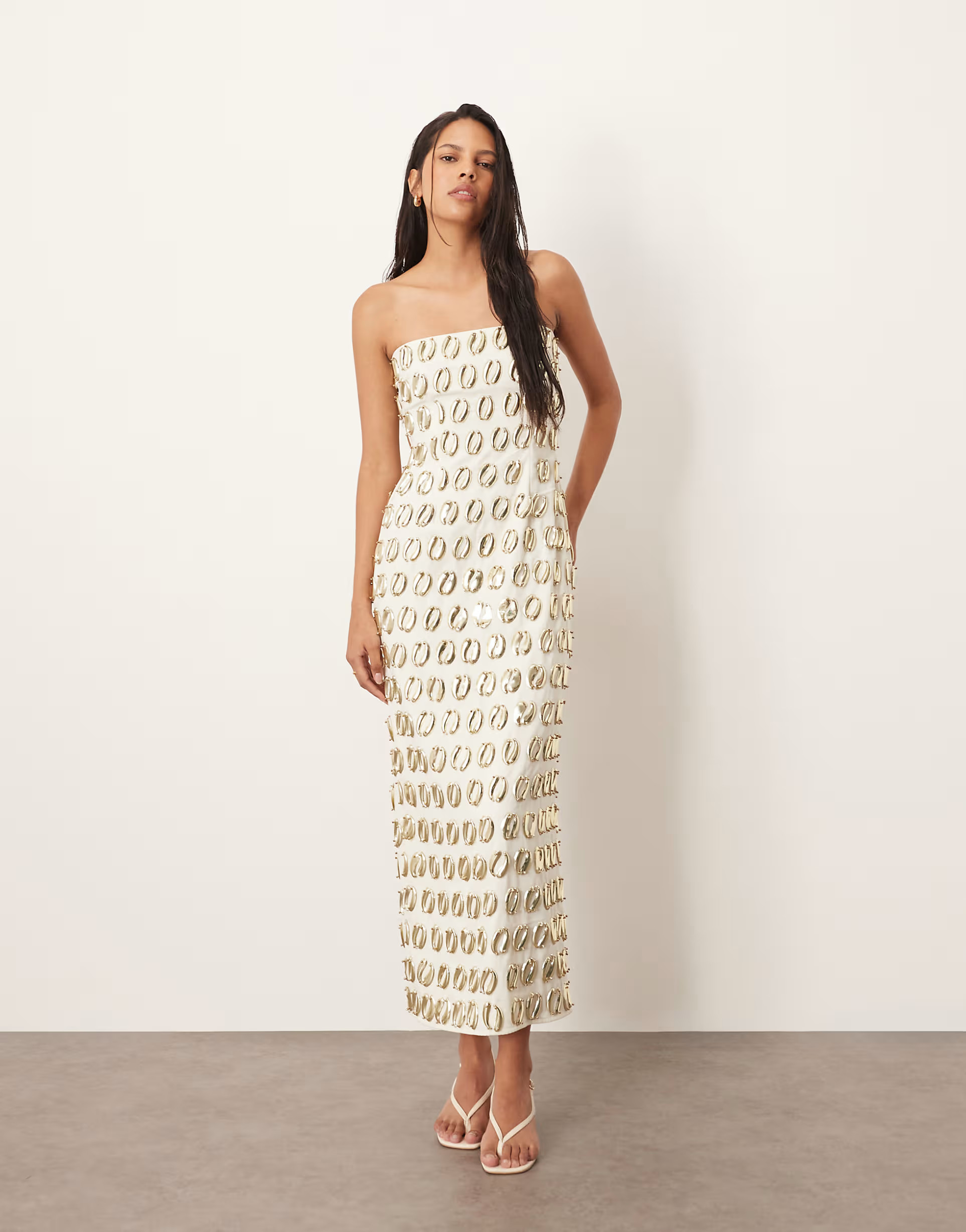 ARRANGE embellished 3D gold detail bandeau column midi dress in cream | ASOS (Global)