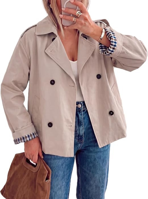 Dqbeng Womens Cropped Trench Coat Double Breasted Short Trench Jacket with Plaid Lining | Amazon (US)