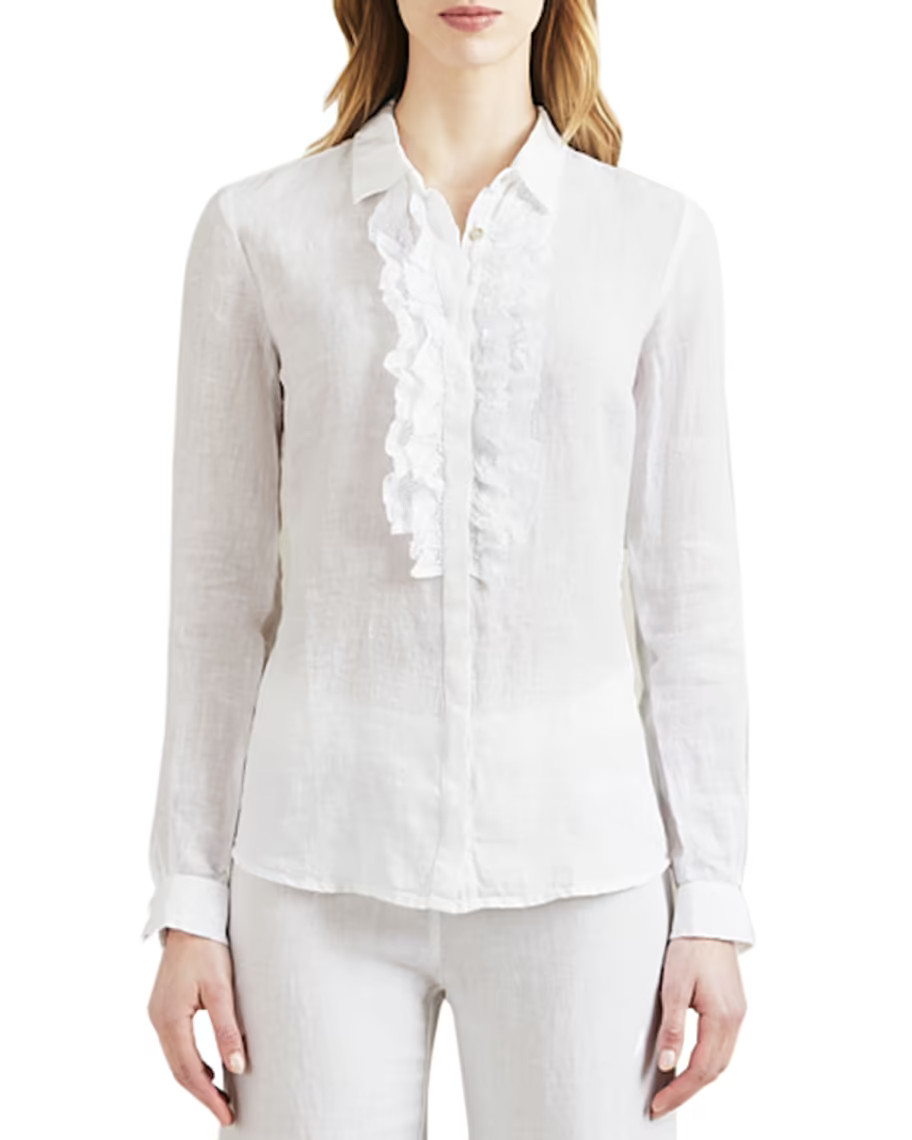 120% Lino Jabot Ruffle-Bib Button-Down Linen Shirt | Neiman Marcus