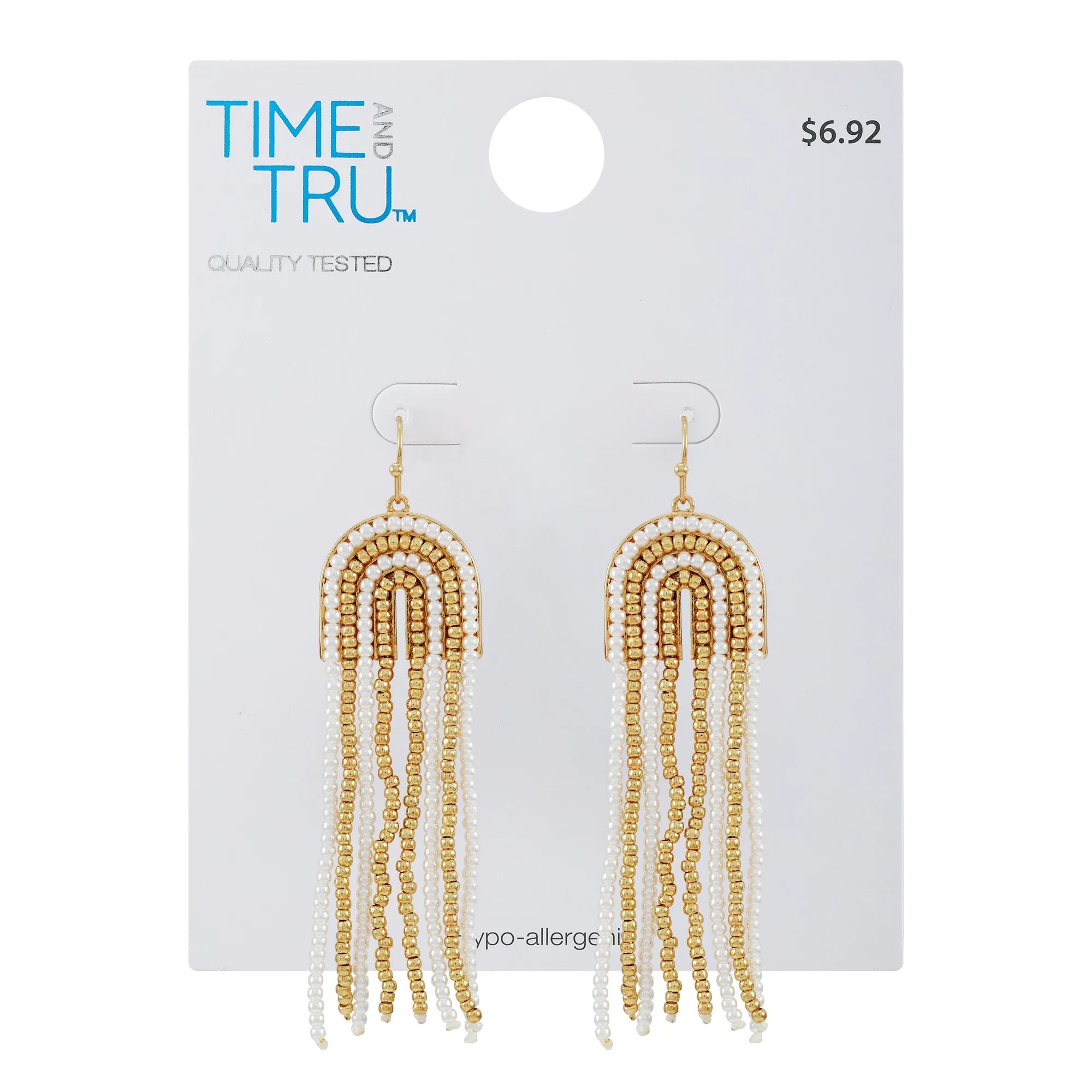 Time and Tru Women's Chandelier White and Gold Tone Beaded Drop Earrings | Walmart (US)