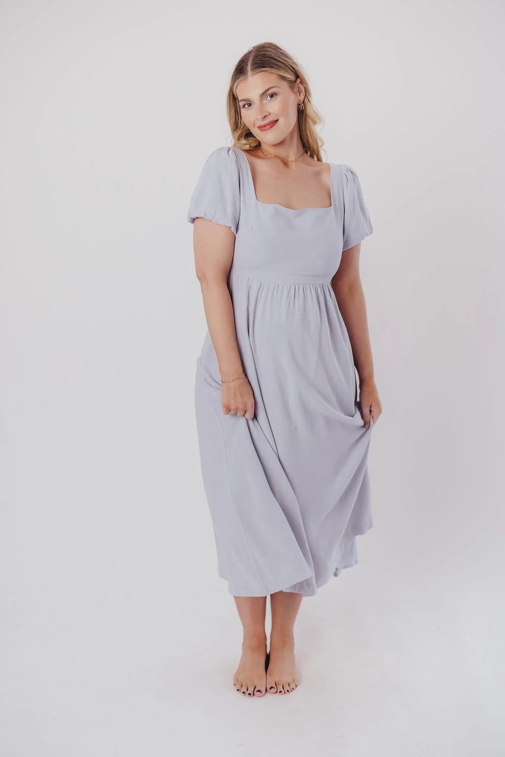 Ainsley Square Neck Midi Dress with Puffed Sleeves in Morning Glory - | Worth Collective