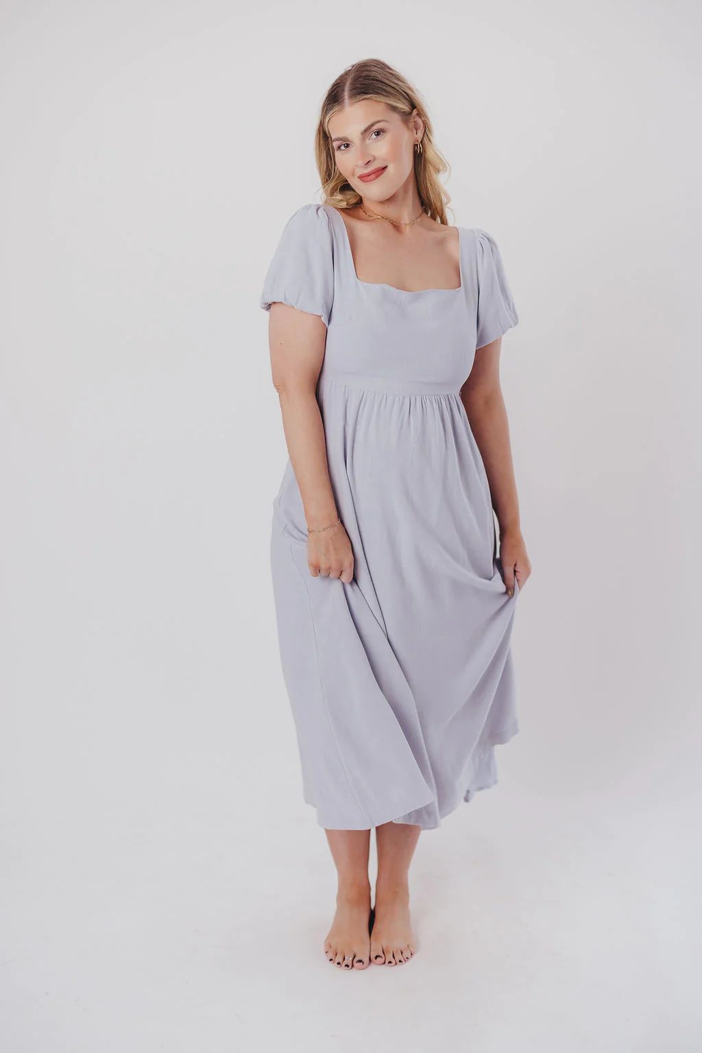 Ainsley Square Neck Midi Dress with Puffed Sleeves in Morning Glory - | Worth Collective