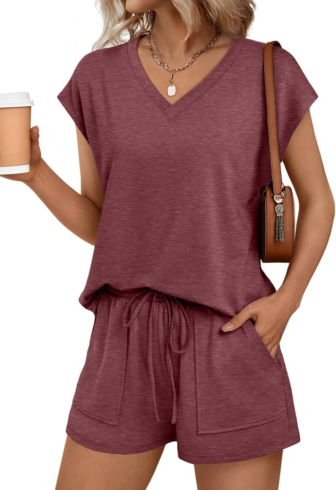 AUTOMET Women 2 Piece V Neck Matching Lounge Sets Clothing Spring Cap Sleeve Shirt and Shorts 202... | Amazon (US)