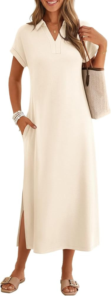 MEROKEETY Women's Summer Casual Maxi Dress 2026 Cap Sleeve V Neck Collared Beach Vacation T Shirt... | Amazon (US)