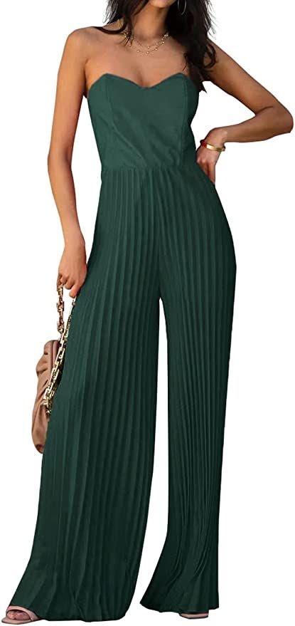 PRETTYGARDEN Women's Summer 2023 Sleeveless Jumpsuit Elegant Sweetheart Neck Pleated Wide Leg Pan... | Amazon (US)