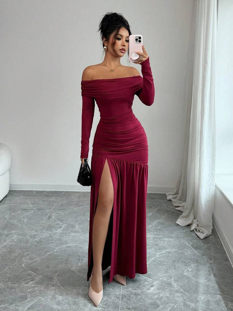 Elenzga Women's Vintage Elegant Off Shoulder Fitted Bodycon Long Sleeve Knit Dress, Autumn/Winter... | SHEIN