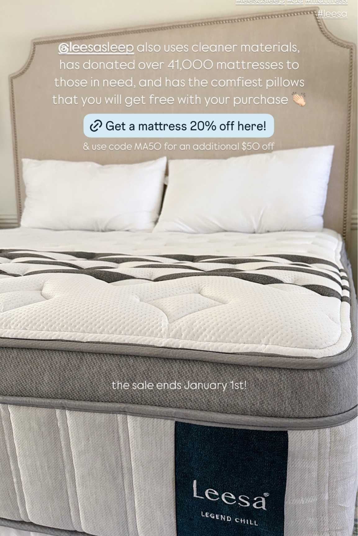 Our mattress is 20% off right now during Leesa’s December Sales Event!

We have the Legend Chill Hybrid Mattress and it was the best purchase we made in 2024. It is plush yet supportive, cooling, and overall just so comfortable.

Leesa’s December Sales Event is happening now through January 1st. You can get 20% off select mattresses + 2 free pillows with your purchase and I’m excited to share the code MA50 will get you an additional $50 off your mattress! @leesasleep #ad #leesasleep #mattress 