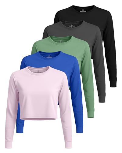 Real Essentials 5 Pack: Women's Dry-Fit Long Sleeve Crop Top - Running Workout Gym Athletic Crew Neck Shirt - Set 4, M | Amazon (US)