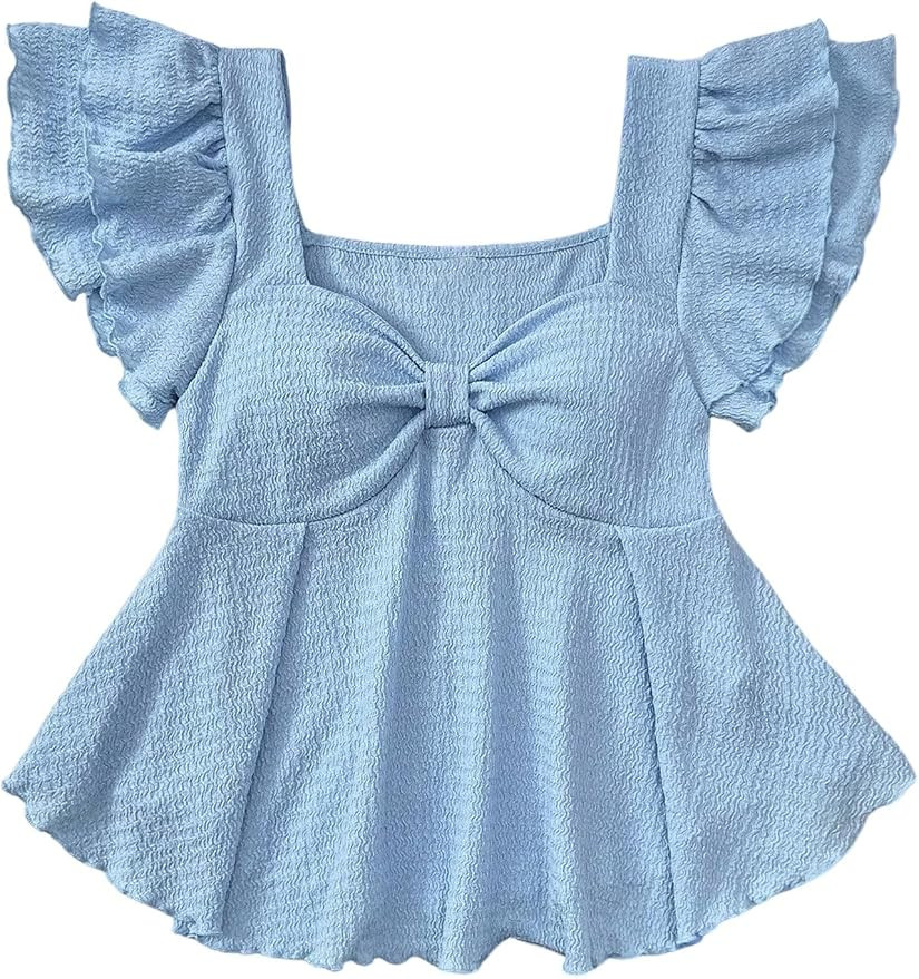 SweatyRocks Girl's Layered Ruffle Sleeve Peplum Top Ruched Sweetheart Neck Flowy T Shirts | Amazon (US)
