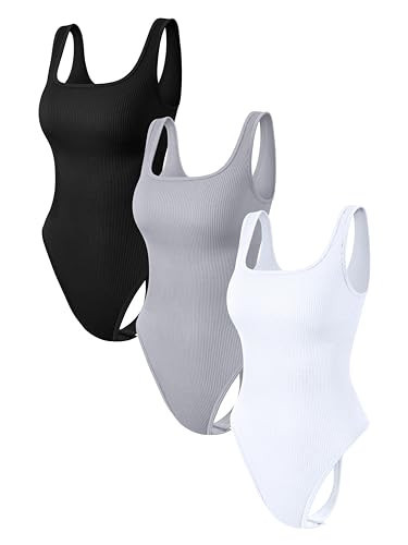 OQQ Women's 3 Piece Bodysuits Sexy Ribbed Sleeveless Square Neck Stretch Tank Tops Thongs Bodysuits Black Grey White | Amazon (US)
