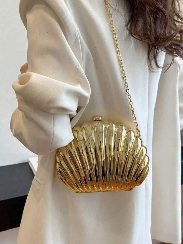 Mini Shell-Shaped Fashion Laser Metal Clutch,Y2K Vi Ntage Metal Frame Chain Shoulder Crossbody Ba... | SHEIN