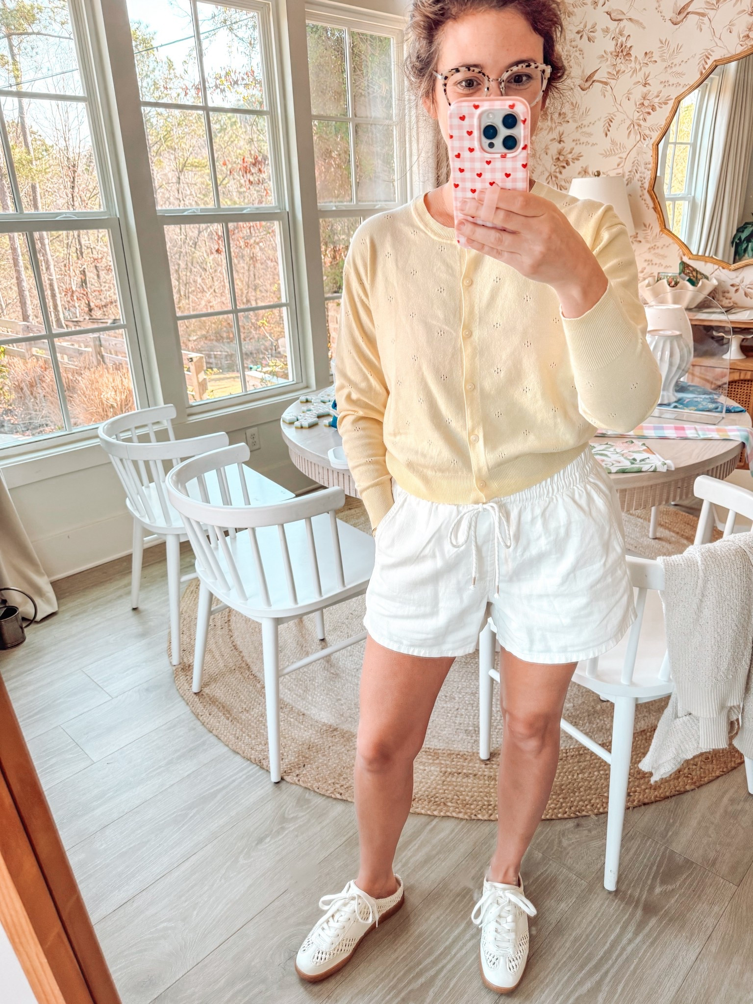 New favorite white pull on shorts , butter yellow light weight cardigan and slide on weave sneakers !!!  Cutest spring outfit !!! 