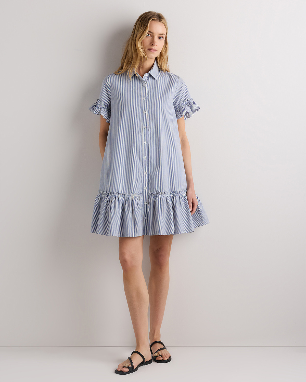 Women's 100% Organic Cotton Poplin Short Sleeve Ruffle Shirt Dress in Light Blue Stripe | Quince