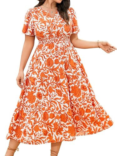 Summer Dresses for Women 2026 Casual Spring Flowy Beach Boho Floral Maxi Dress Short Sleeve V Neck Elegant Wedding Guest Dresses Plus Size Sundress White Orange Floral 2XL | Amazon (US)
