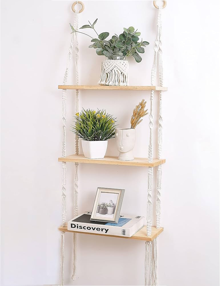 Easever Hanging Shelves Boho Room Decor, 3-Tier Boho Wooden Plant Shelves, Macrame Wall Hanging S... | Amazon (US)