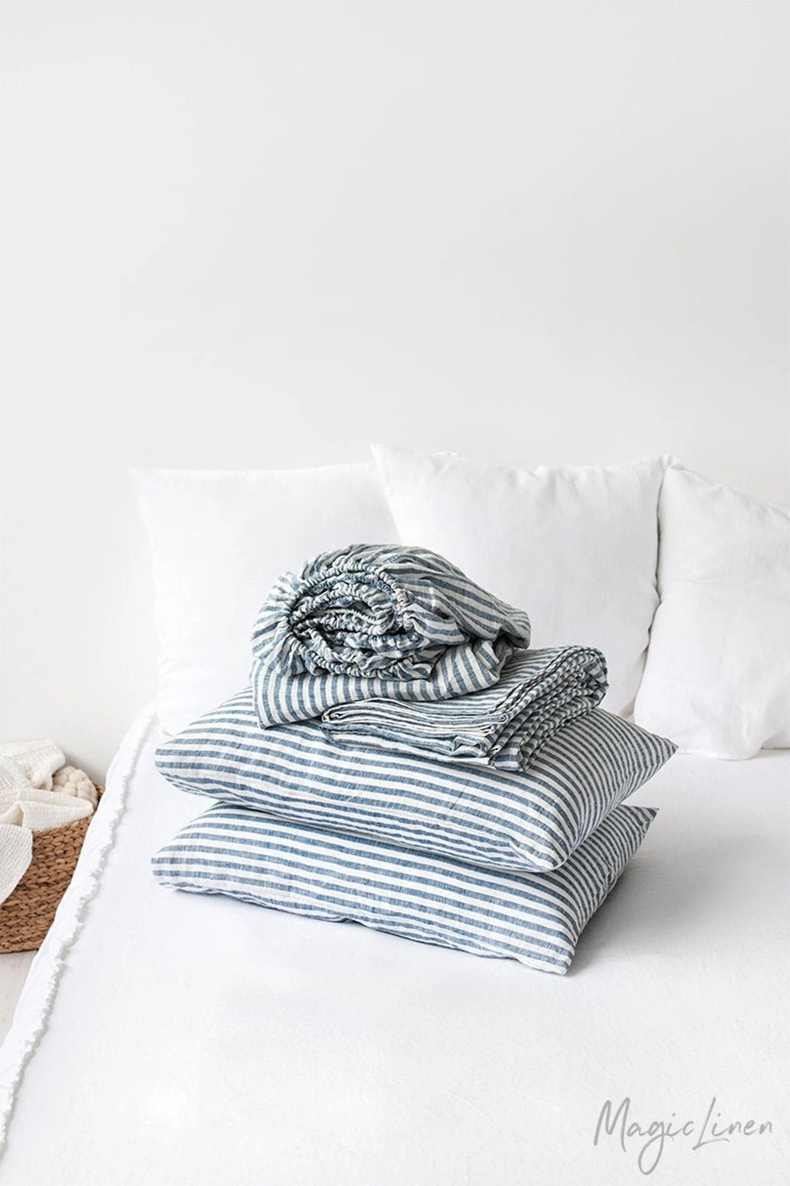 Blue Striped linen sheet set. Fitted sheet, flat sheet, 2 pillowcases. Linen bedding, King Queen ... | Etsy (AU)