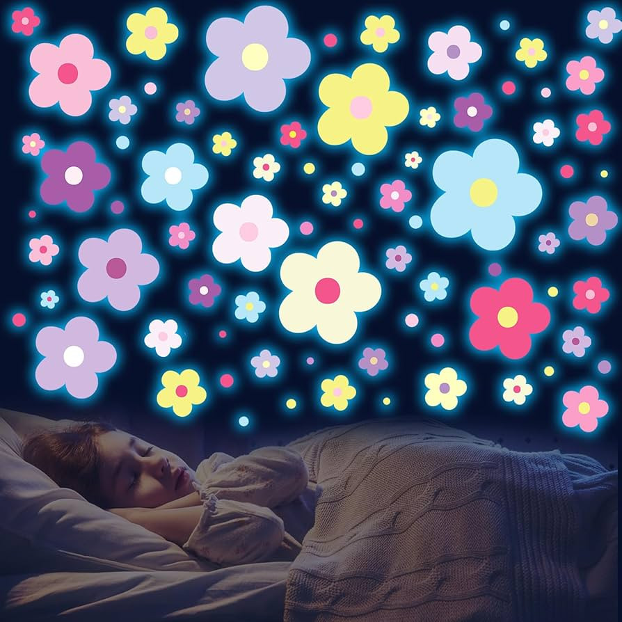 Glow in The Dark Y2k Cute Flowers Wall Decals，Glowing Luminous Colorful Floral Wall Stickers Co... | Amazon (US)